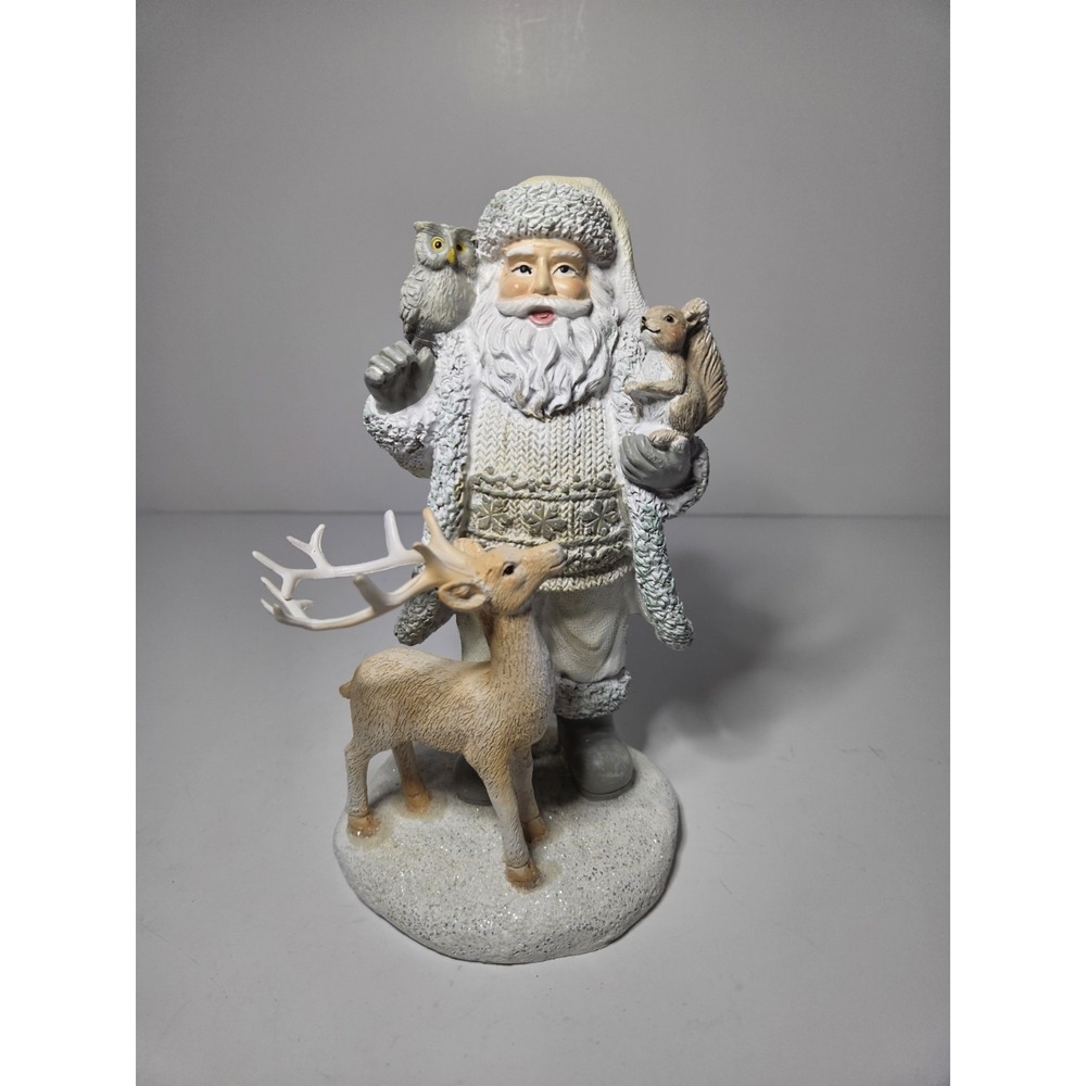 Rustic Woodland White Santa Claus Figurine Deer Owl Squirrel Christmas Decor